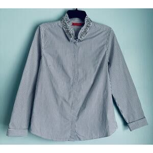 ELLE Button Up Blouse Jewel Embellished Collar Elegant Glamour Women's 6